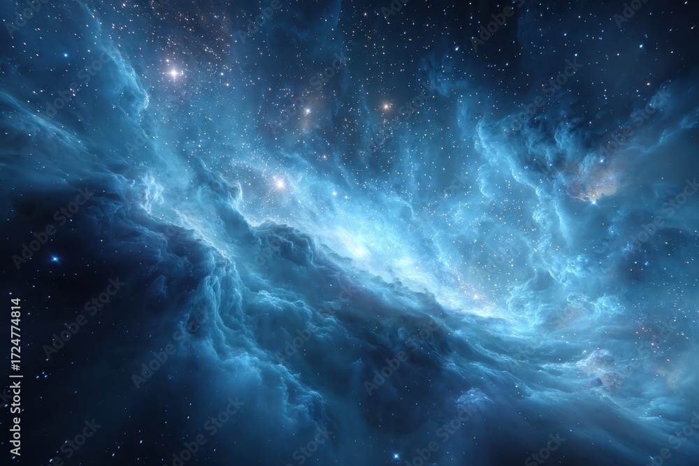 Fototapeta premium Vivid blue nebula surrounded by sparkling stars in a vast expanse of space showcasing cosmic beauty and wonder during an imaginary moment in the universe