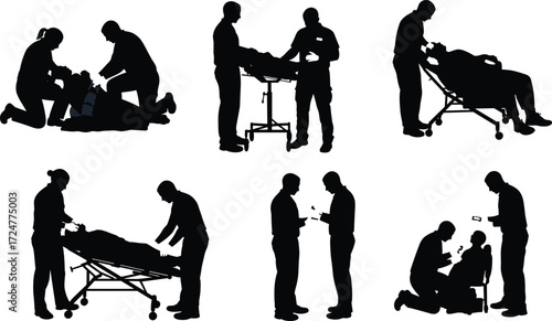 Emergency medical team silhouette, paramedic workers with patient, first aid illustration, ambulance staff, healthcare rescue service, doctor nurse vector, hospital emergency scene