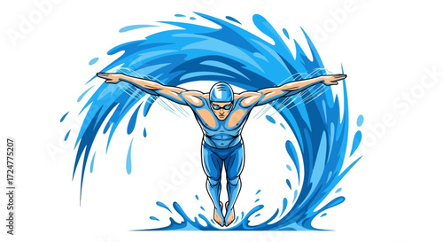 Dynamic Swimmer Illustration with Water Splash for Sports Promotion and Aquatic Event Design, Suitable for Posters, Banners, and Website Graphics