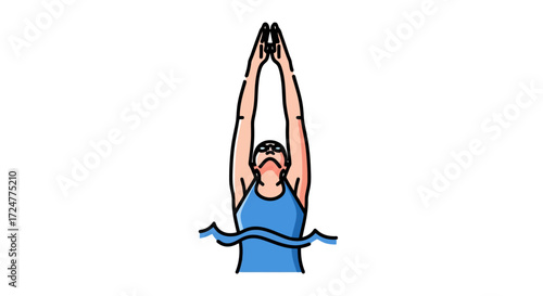 Swimmer Preparing to Dive, Arms Raised in Streamlined Position, Ready for Competitive Swimming Event or Recreational Exercise and Fitness Regimen.