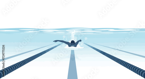 Streamlined Swimmer in a Competition Pool, Showcasing Dedication and Aquatic Sports Excellence, Suitable for Illustrating Athleticism, Training, or Active Lifestyle Concepts
