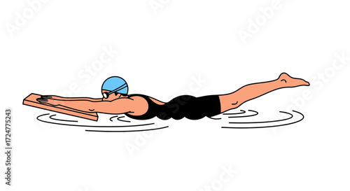 Cartoon Illustration of a Swimmer Using a Kickboard for Training and Technique Refinement in Aquatic Sports and Fitness Programs