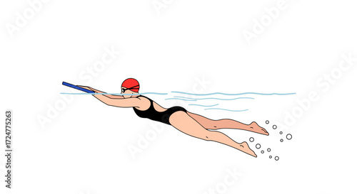 Female Swimmer in Action with Kickboard: A Dynamic Illustration for Aquatic Sports Training and Water Safety Awareness Campaigns.