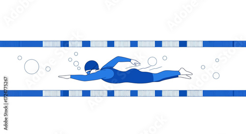 Isolated swimmer in a pool lane illustration for promoting aquatic sports, fitness programs, and swimming lessons, suitable for advertising health and wellness activities.