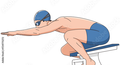 Swimmer poised on starting block, showcasing competitive swimming, athletic training, and water sports illustrations for sports instruction and fitness content.