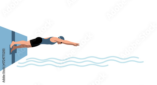 Athletic swimmer diving into pool, demonstrating aquatic sport and fitness for sports education, health promotion, or instructional swimming material.