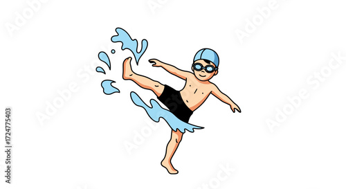 Cartoon illustration of a young boy joyfully kicking water for swimming lessons, perfect for instructional materials, advertisements, or promoting youth aquatic activities.