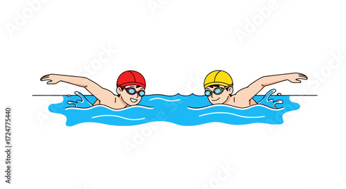 Two Swimmers Performing Butterfly Stroke in a Pool, Cartoon Illustration for Educational Materials and Sports-Themed Designs.