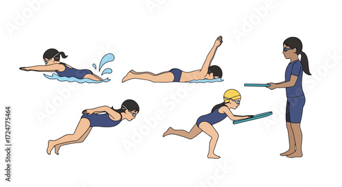 Illustrated Guide to Swimming Techniques and Instruction, Designed for Educational Materials and Sports Training Manuals, Swimming Pool Safety Guides