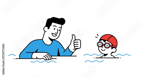 Cheerful Man Giving Thumbs Up to a Smiling Boy in Swim Cap and Goggles. Ideal for illustrating swimming lessons, water safety, or positive encouragement in sports activities.