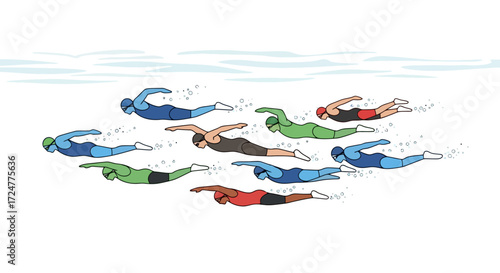 Diverse Group of Swimmers Demonstrating Butterfly Stroke Technique for Sports Education and Aquatic Skill Development
