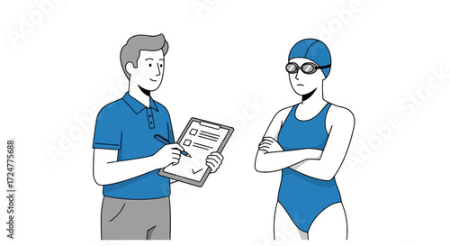 Swim Instructor Giving Feedback to Swimmer with Checklist, Ideal for Sports Training Programs and Aquatic Fitness Education Materials