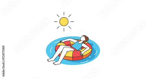 Isolated illustration of a woman relaxing on an inflatable tube in the water under the sun. Suitable for summer vacation, leisure activities, or tourism advertisements.