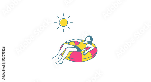 Woman Relaxing on an Inflatable Ring Under the Sun Illustration, Perfect for Summer Vacation Themes and Promoting Relaxation Products or Services.