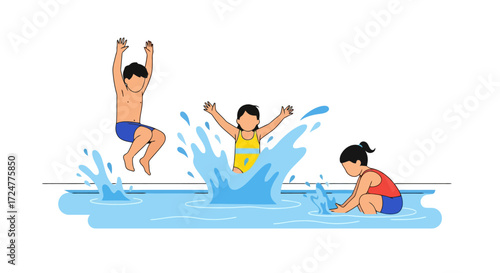 Joyful Children Playing and Splashing in a Refreshing Pool, Perfect for Summer Vacation and Water Safety Campaigns