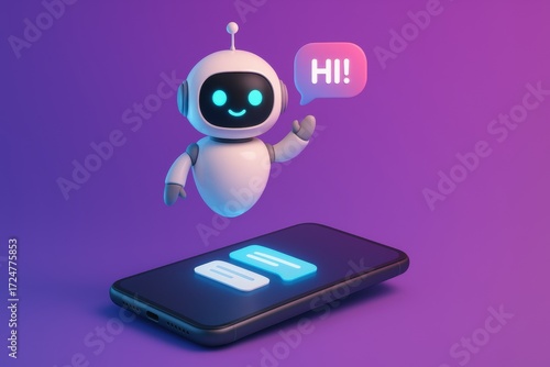 Wallpaper Mural Cute chat-bot hovering above smartphone saying “HI!”, neon chat bubbles on purple gradient background
 Torontodigital.ca