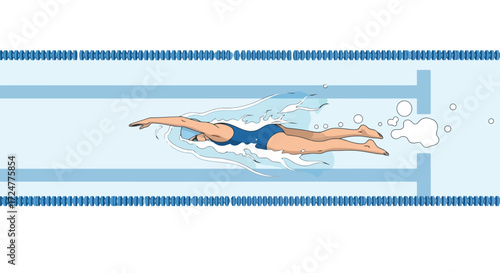Illustrated Swimmer Demonstrating Butterfly Stroke Technique in a Pool Setting, Suitable for Educational Materials on Swimming, Sports Instruction, or Fitness Guides.