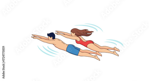 Couple Swimming Together Seamlessly, Demonstrating Aquatic Leisure, Fitness, and Vacation Activities for Illustration and Design Projects