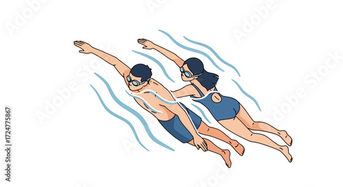 Cartoon illustration depicting a couple swimming together in a pool, showcasing teamwork and healthy lifestyle, suitable for advertising swimming lessons, or promoting water sports activities.
