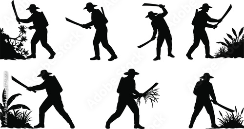 Farmer silhouette cutting plants, agricultural worker with machete, farming man harvesting crops, rural laborer vector, jungle worker illustration, plantation field worker
