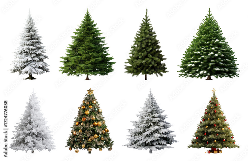 Obraz premium PNG Variety of decorated Christmas trees, element set on transparent background