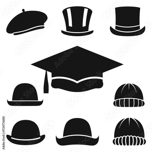 Collection of black silhouette hat illustrations vector scalable eps graphics for design projects vector