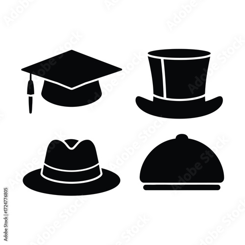 Scalable vector illustration icon set featuring graduation cap top hat fedora and beanie eps format vector