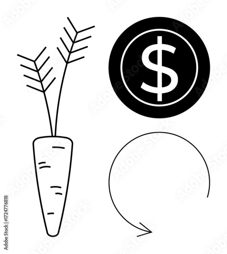 Carrot, dollar coin, and circular arrow symbolize motivation, finance, and continuous processes. Ideal for agriculture, economy, sustainability, rewards goals renewable ideas minimal design