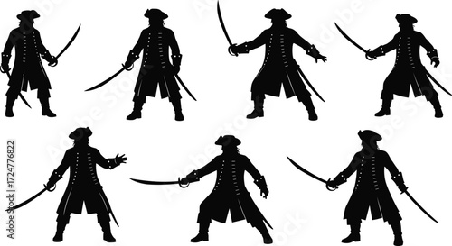 Pirate silhouette vector illustration, vintage corsair sword fighter artwork, historical buccaneer character design, sea outlaw drawing, marine fighter silhouette graphic
