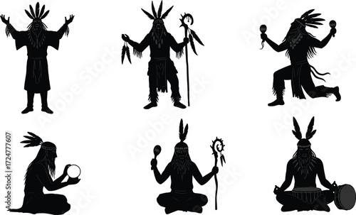 Shaman silhouette illustration, indigenous tribe ritual vector, traditional spiritual ceremony art, native healer figure, cultural drumming dance, ethnic worship design