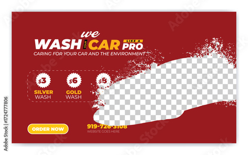 Car wash business promotion social media post or web banner template. Car cleaning or automobile repair service marketing flyer. Car sale or maintenance advertisement poster. Online ad digital cover. 
