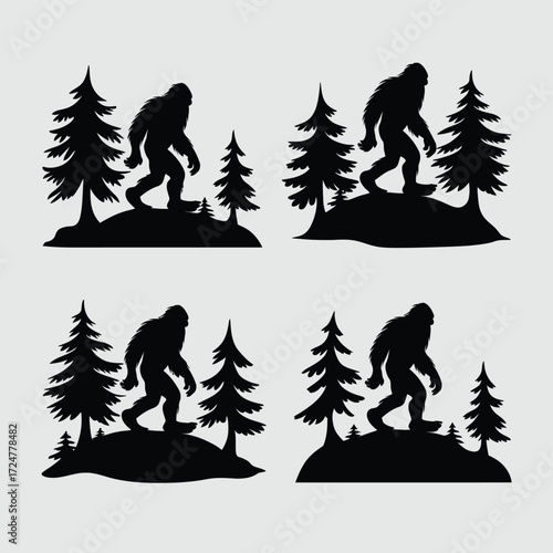Set of four bigfoot silhouettes in forest scenes scalable vector illustration for eps files vector