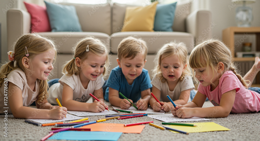 Fototapeta premium Five children drawing with crayons on the floor in a cozy living room