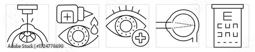 Ophthalmology icons set. Eye care and treatment symbols. Vector editable stroke.