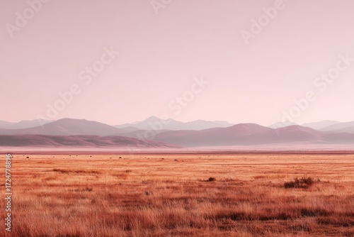 Serene, hazy sunrise over a vast, golden-brown field, rolling hills and distant mountains under a pale pink sky