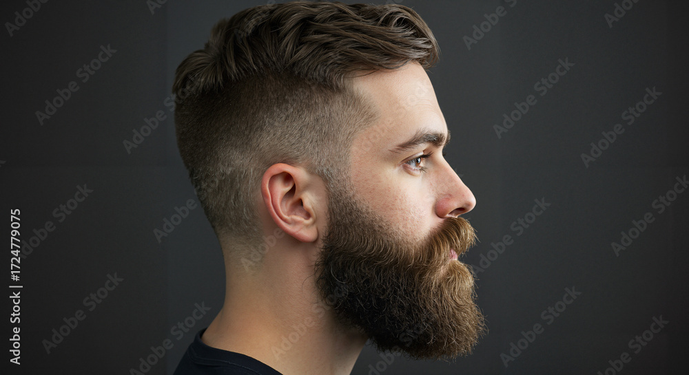 Fototapeta premium Young man with beard and stylish haircut posing against dark background 