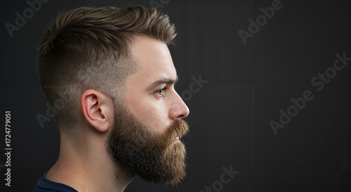 Man with beard and stylish haircut posing against black background  