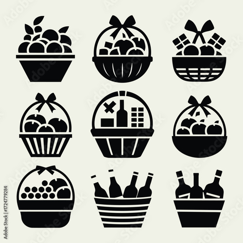 Set of 9 black silhouette fruit and beverage gift baskets vector illustrations scalable eps icon vector