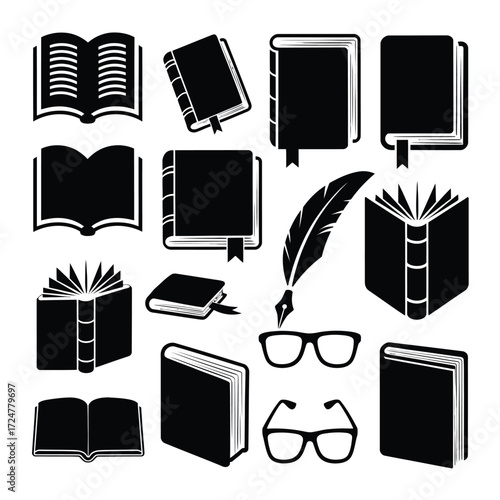 Collection of black vector illustrations of books and reading accessories vector