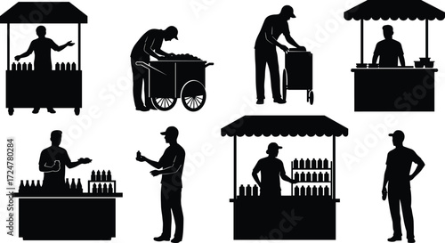 Street vendor silhouette, man selling drinks, beverage cart vector, food stall illustration, black silhouette market seller, shop kiosk worker, urban marketplace design