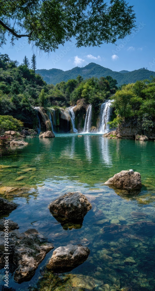 Naklejka premium Serene waterfall cascading into a crystal-clear pool, surrounded by lush greenery and imposing mountains under a vibrant blue sky