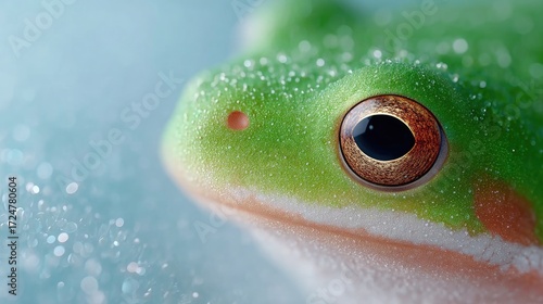 Detailed Macro Shot of a Green Tree Frog Eye with Glistening Skin on a Soft Blue Background