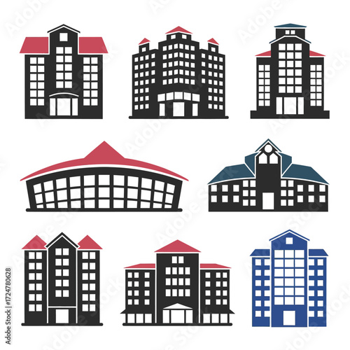 Vector illustration collection of diverse hotel buildings architectural designs scalable eps graphics vector