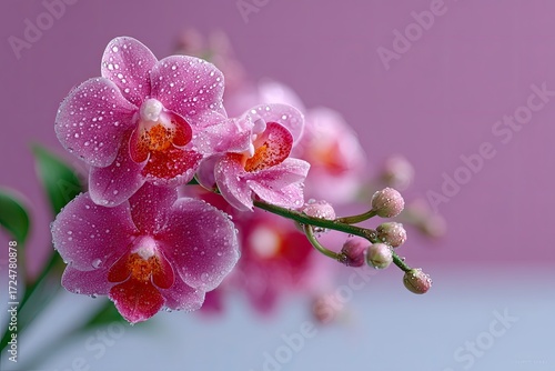 Detailed Macro Shot of Delicate Pink Orchid Blooms Covered in Dew Against a Soft Purple Background with Elegant Natural Light