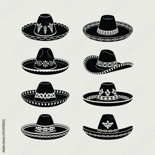 Vector illustration set of black charro sombrero hats scalable eps graphics vector
