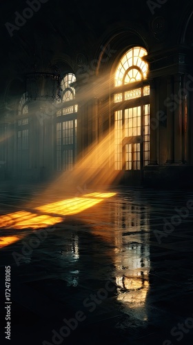 Sunlight illuminating empty grand hall