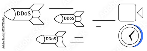 Missiles labeled DDoS moving towards a target and stopwatch emphasizing time-critical attack impact. Ideal for cybersecurity, digital threats, malware, hacking, IT risks, network security, simple