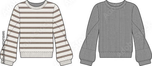 Striped and ribbed sweater vector illustration, CAD fashion flat drawing, knitwear design template, front and back view, cozy winter apparel sketch