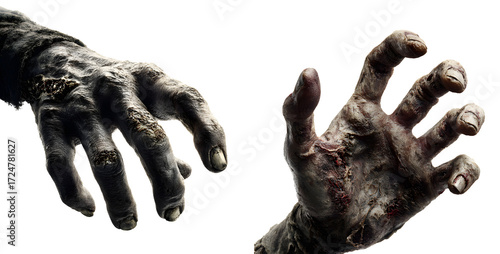 Zombie hands isolated on white background, horror monster claws cut out on transparent PNG