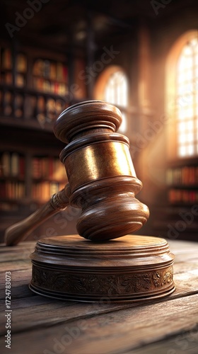 Wooden gavel on stand in courtroom setting